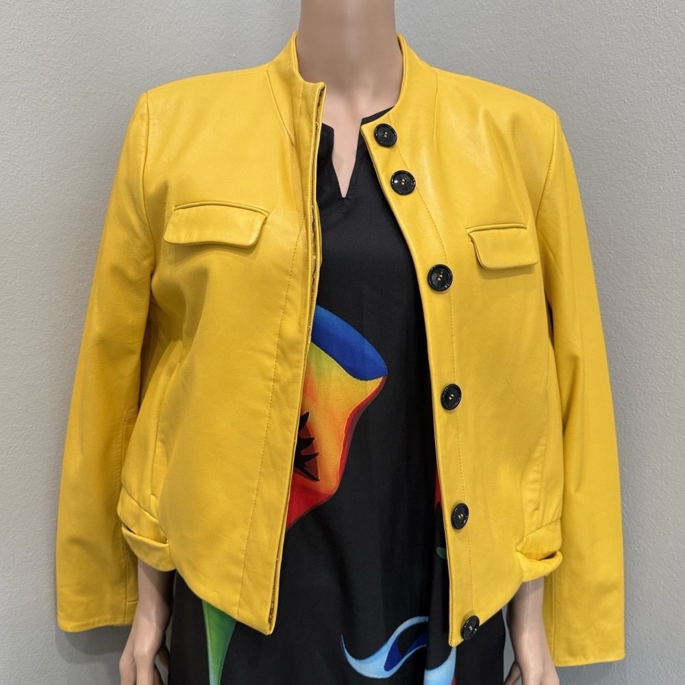 Vintage Anne Klein Yellow 100% Genuine Leather Jacket Bold Contrast Buttons L